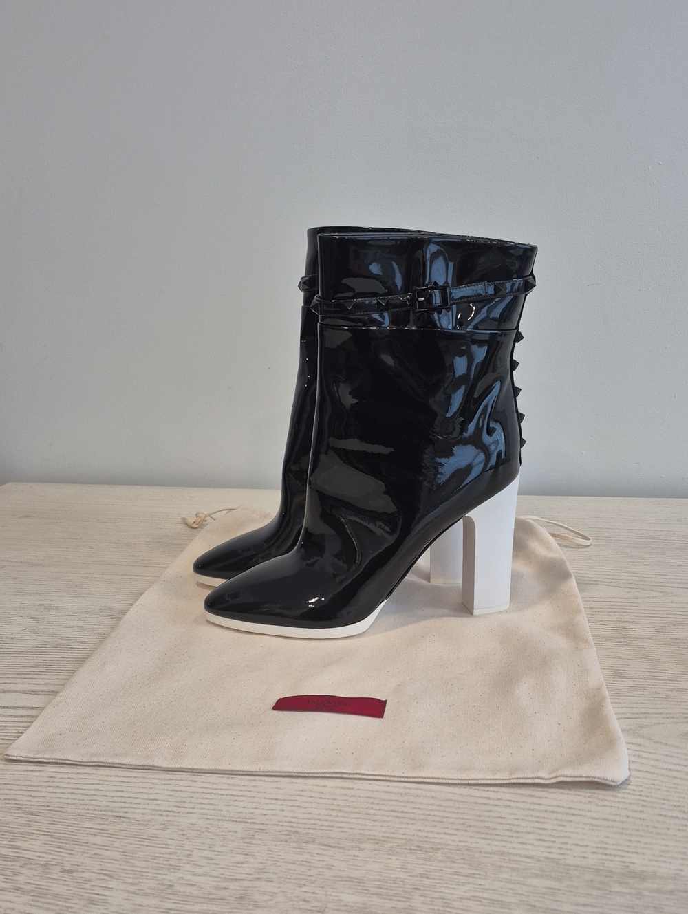 Valentino Garavani Black Patent Ankle Boots with White Block Heel